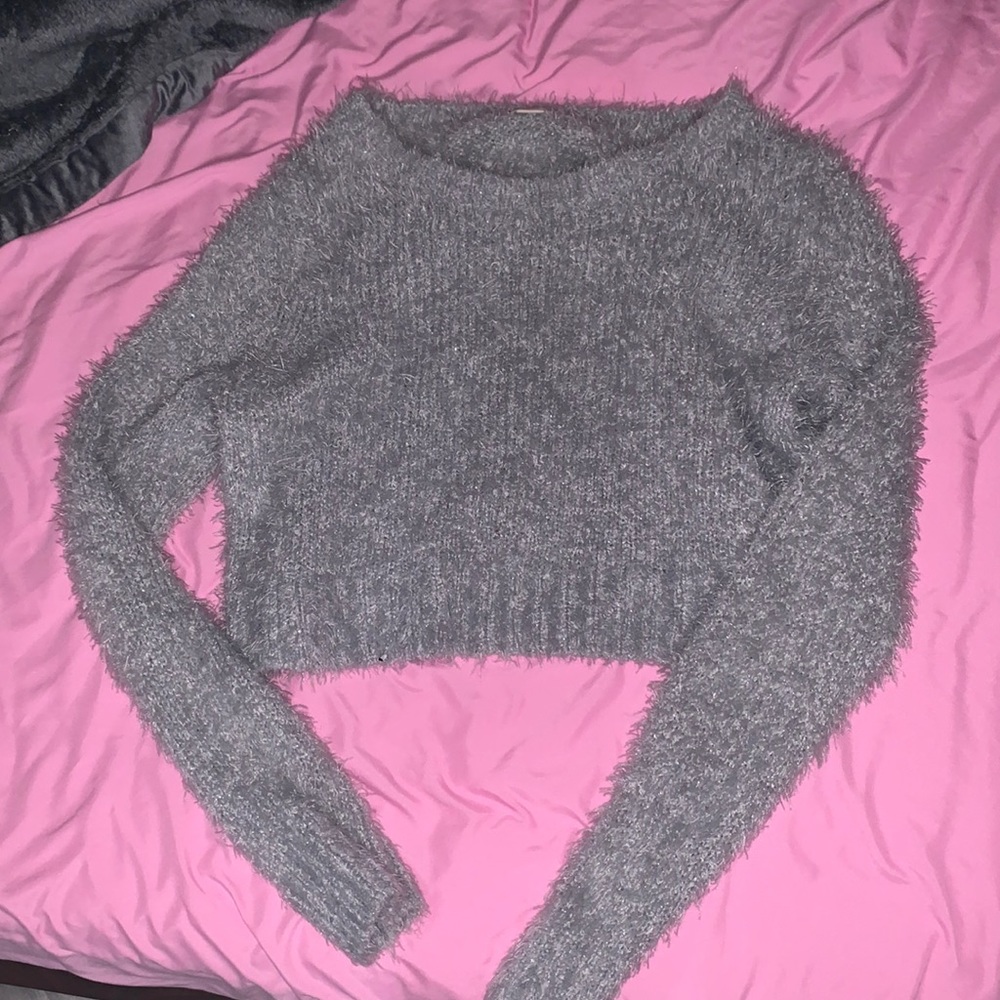 Grey silver crop fluffy sweater